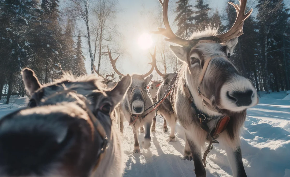 Rentiere durchqueren die schneebedeckte Landschaft während einer Winterreise in Finnland.