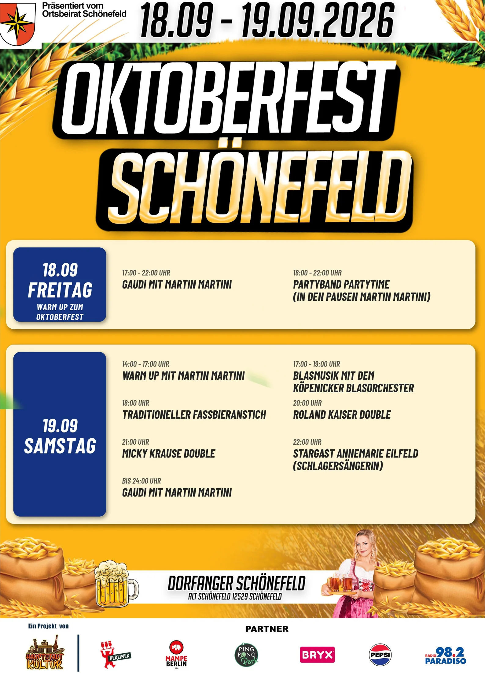 Programmübersicht für das Oktoberfest Schönefeld am 18. und 19. September 2026 mit Veranstaltungszeiten und Künstlernamen auf gelbem Hintergrund