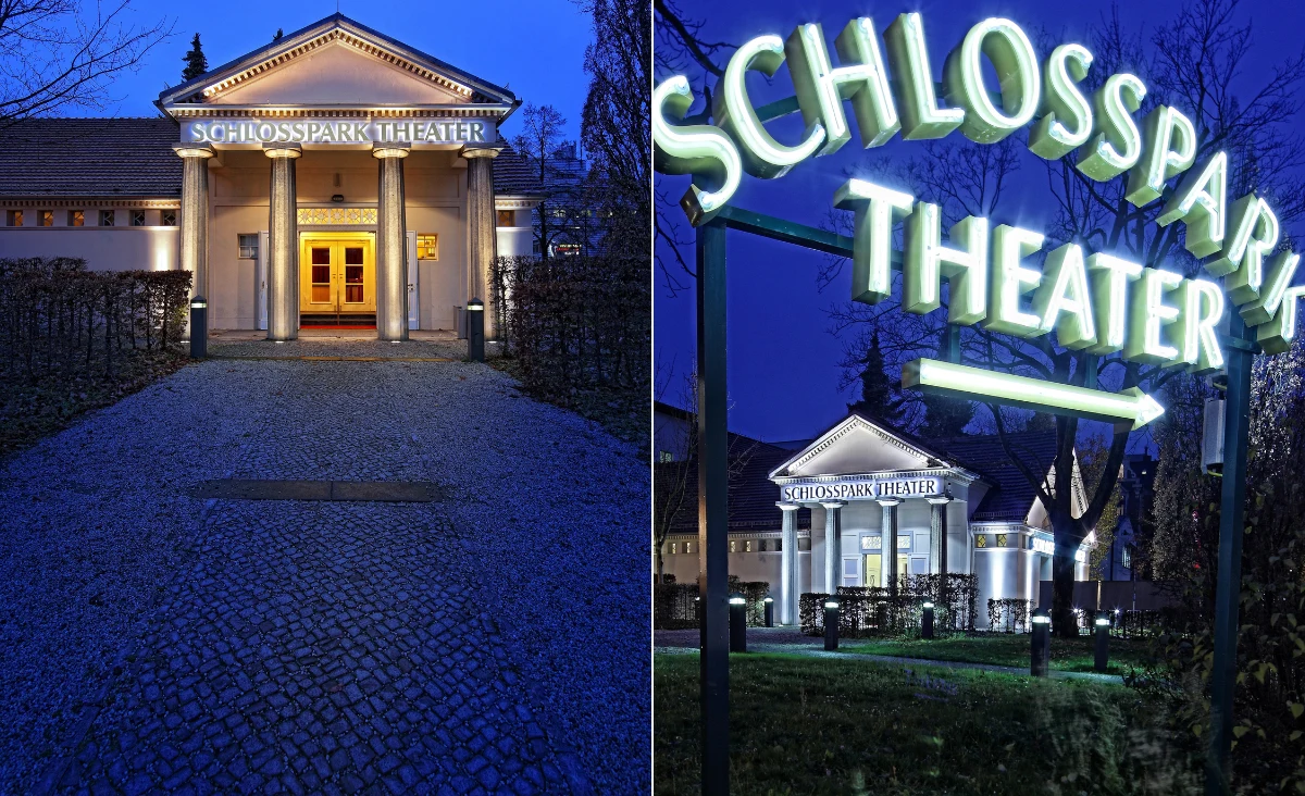 2 Bilder Collage der Außenansicht des Schlosstheaters Berlin.