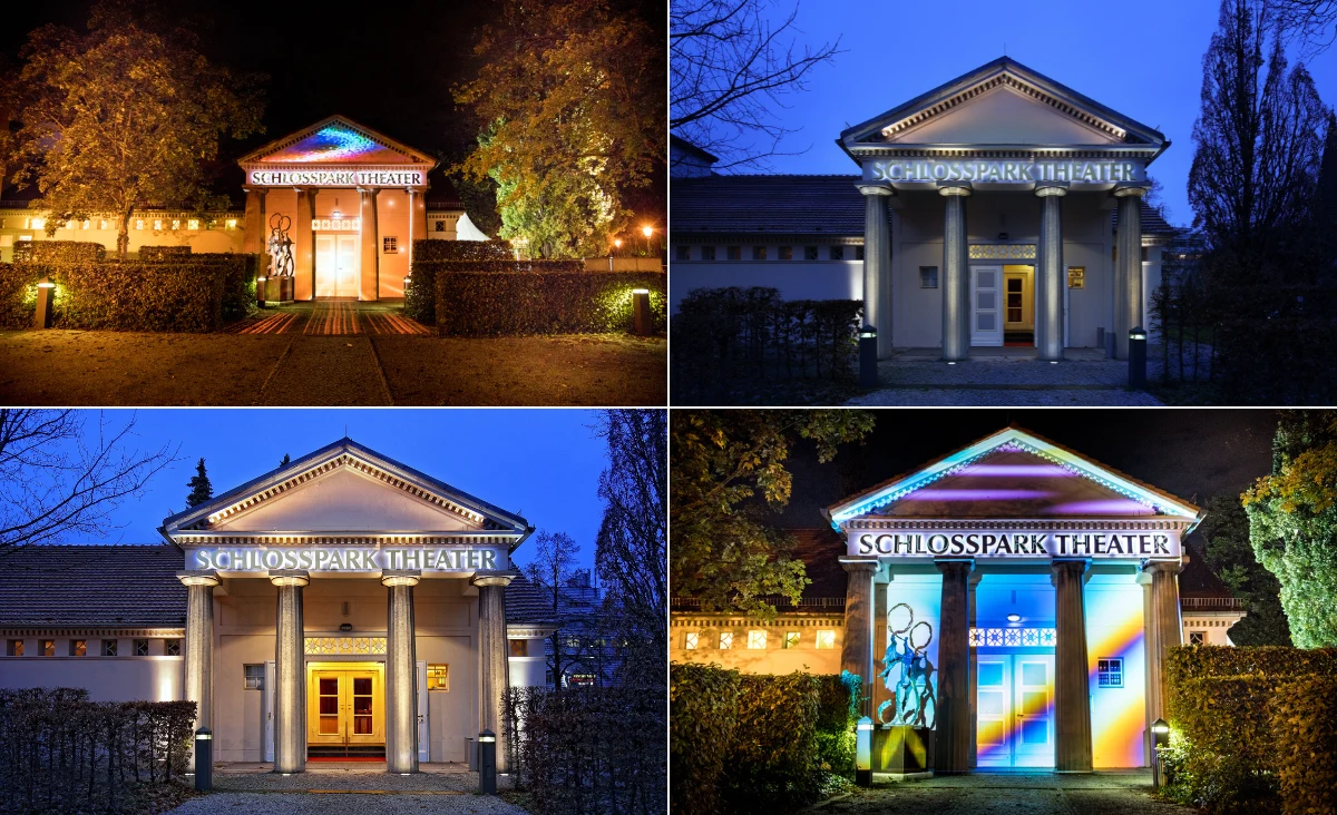 4 Bilder Collage der Außenansicht des Schlosstheaters Berlin.